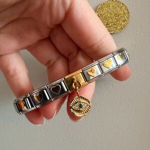 Gold tone Heart Italian Charm Bracelet with Evil Eye Dangle